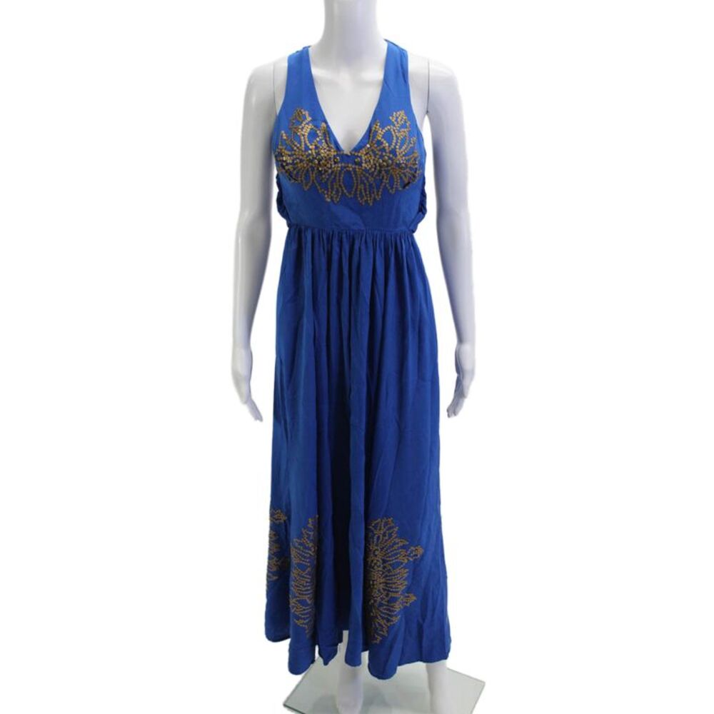 Tracy Reese Womens Maxi Tank Silk V-Neck Sleeveless Blue Tie Size 4